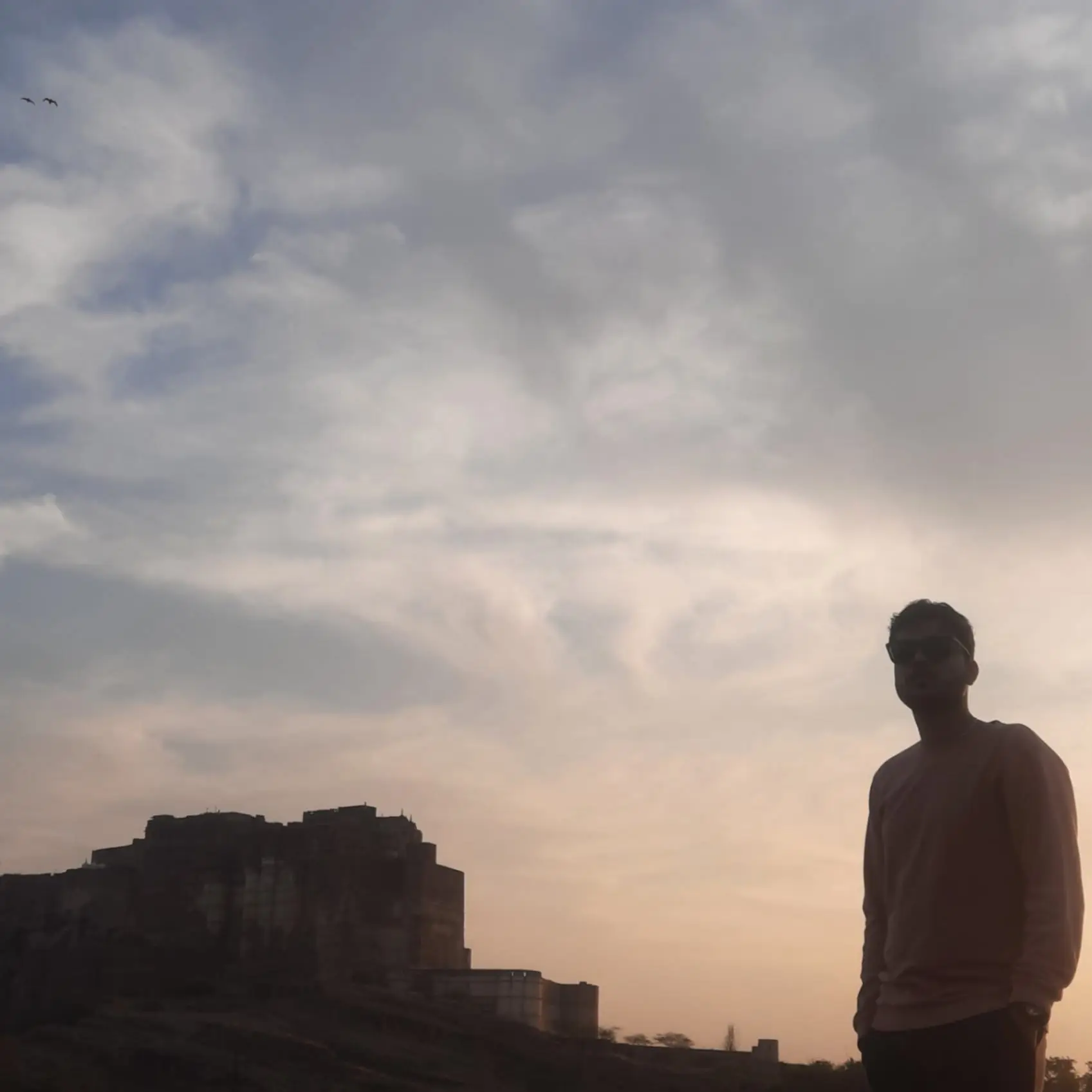 Silhouette of a person against a cloudy evening sky