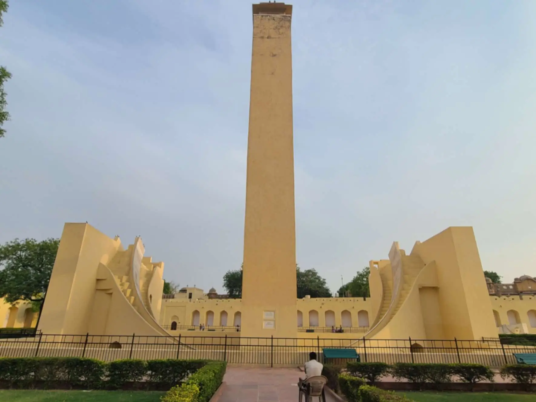 The giant stone sundial of Jantar Mantar against a clear sky